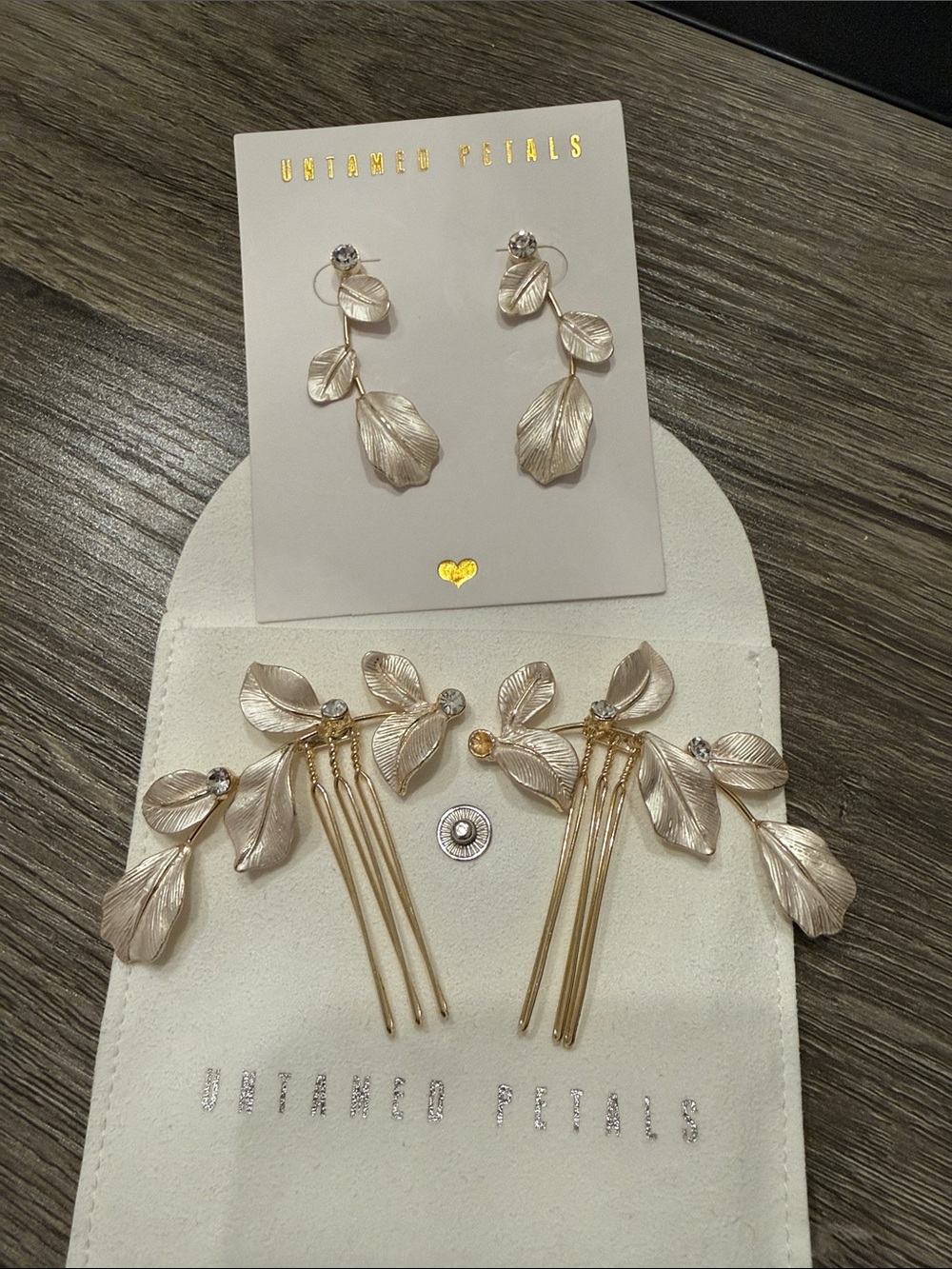 UNTAMED PETALS BY AMANDA JUDGE Gold Leaf Floral Hair Pins with Crystal Accents